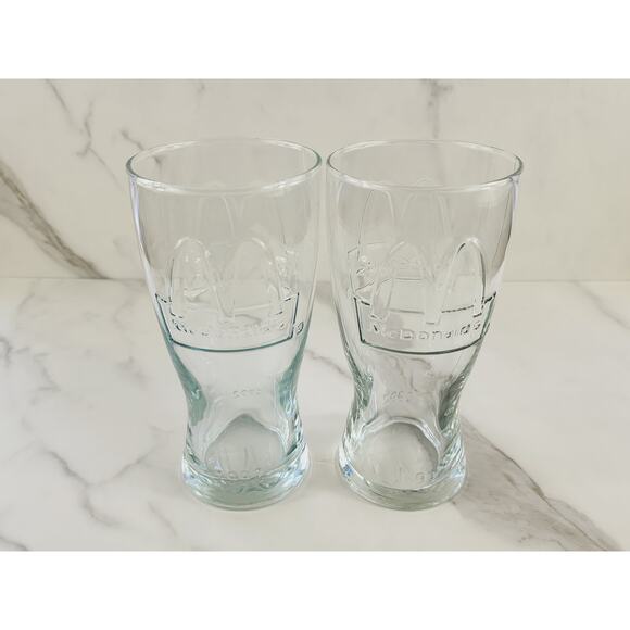 McDonald's Clear Tall Glass 16oz Drinking Glasses 6 1/2" Embossed Logo 1992 x2 - Picture 5 of 13